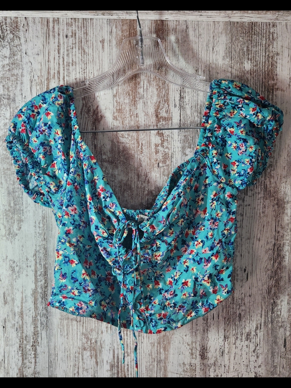 Aeropostale Turquoise Floral Flowers Tie-Front Puff Sleeve Crop Halter Top 🌸